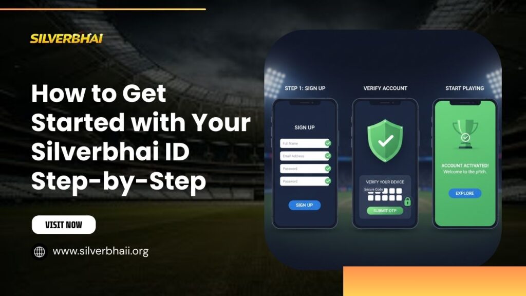 Promotional banner for Silverbhai showing step-by-step process to create an online cricket ID, including sign up, account verification with OTP, and account activation screen